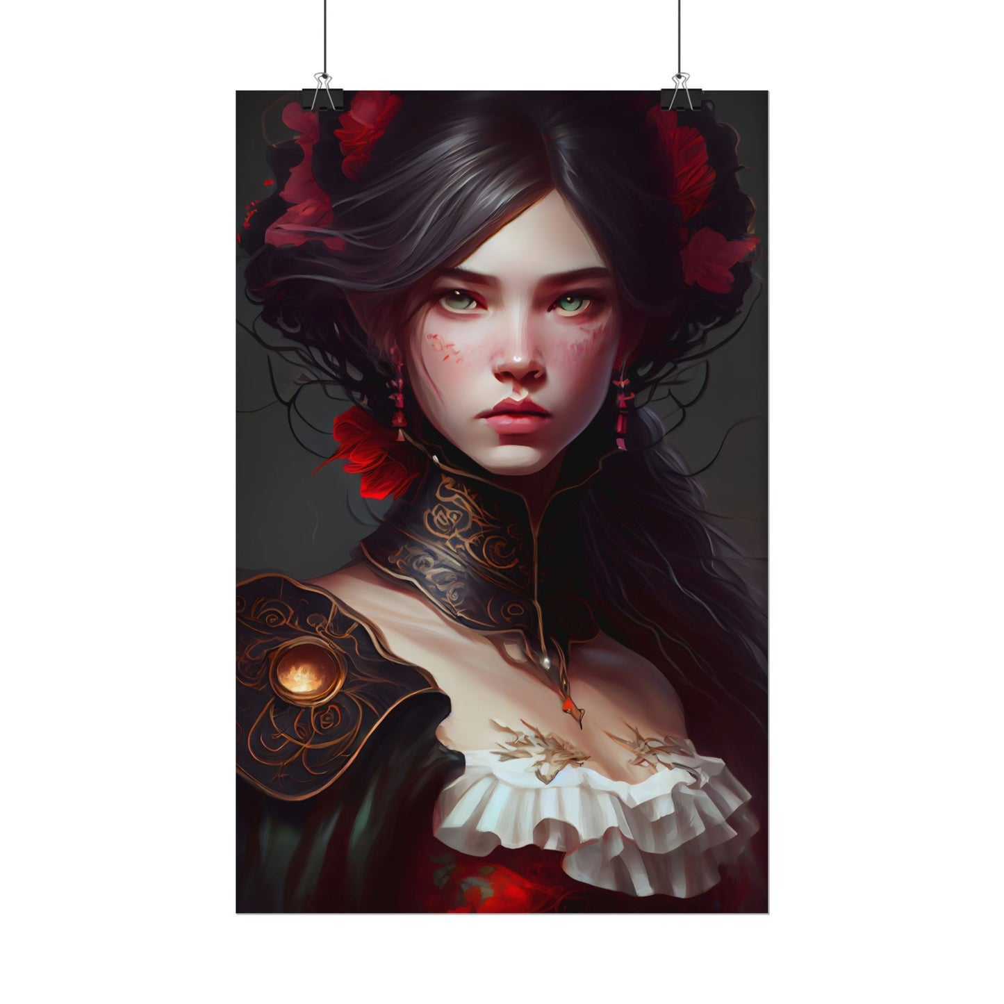 Elegant Black Hair Portrait in White Dress - Poster