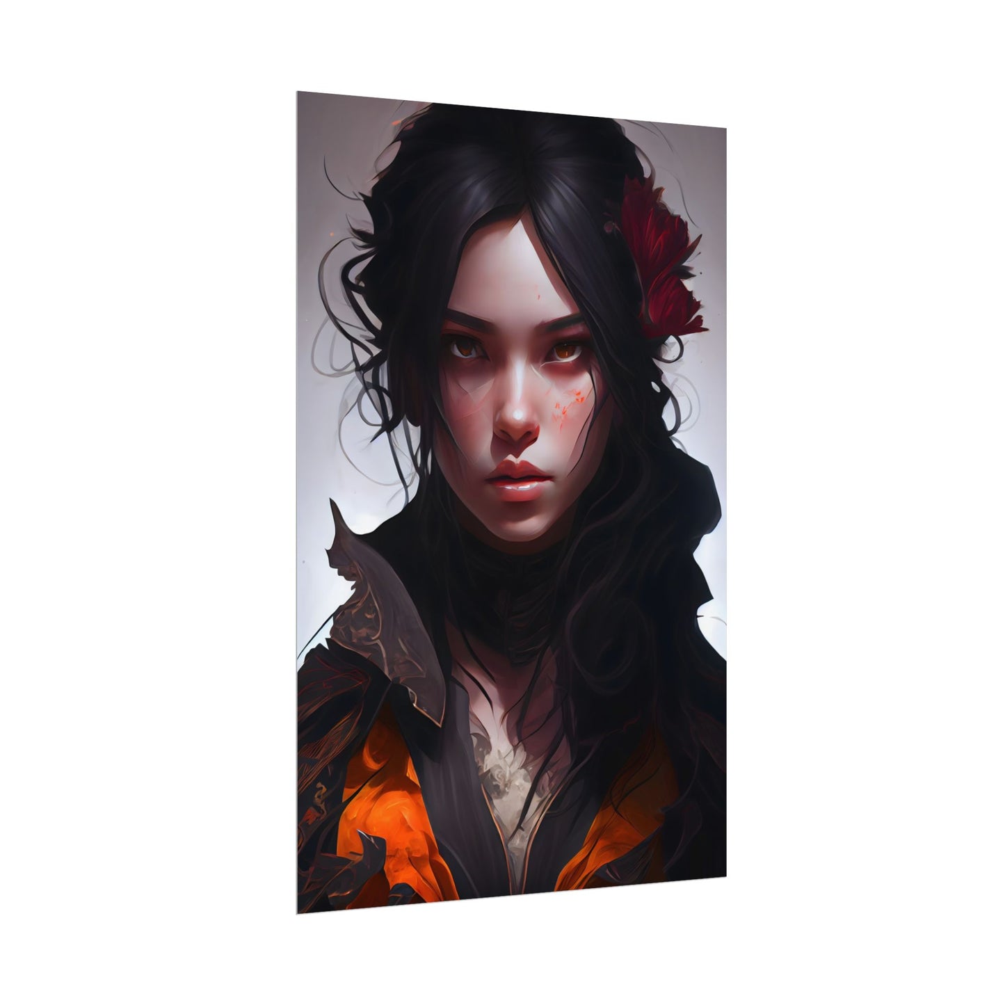 Black Hair Female Portrait: Elegant Dress Artwork - Poster