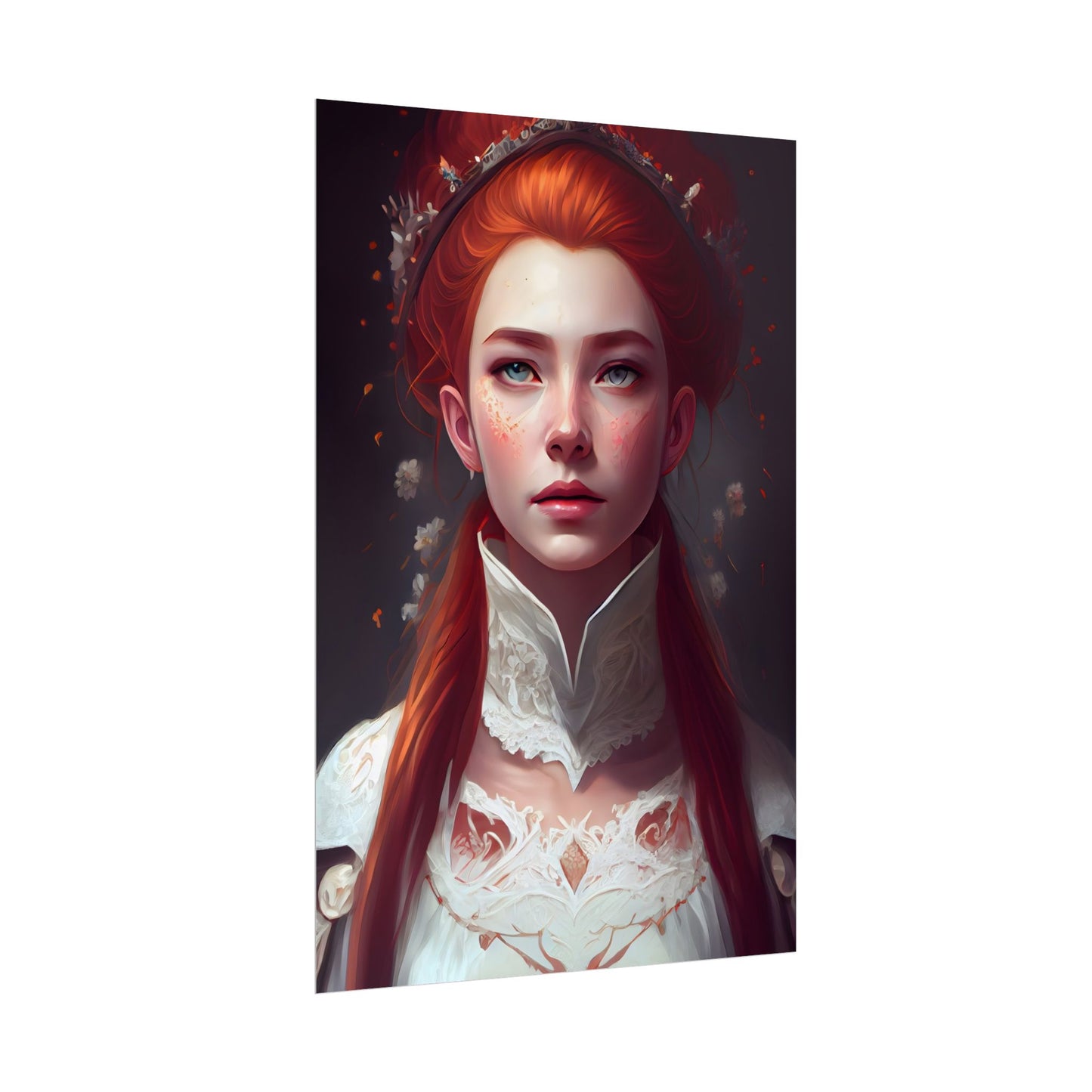 Soft Glow Redhead Portrait: Elegant Female Artwork in Dress - Poster