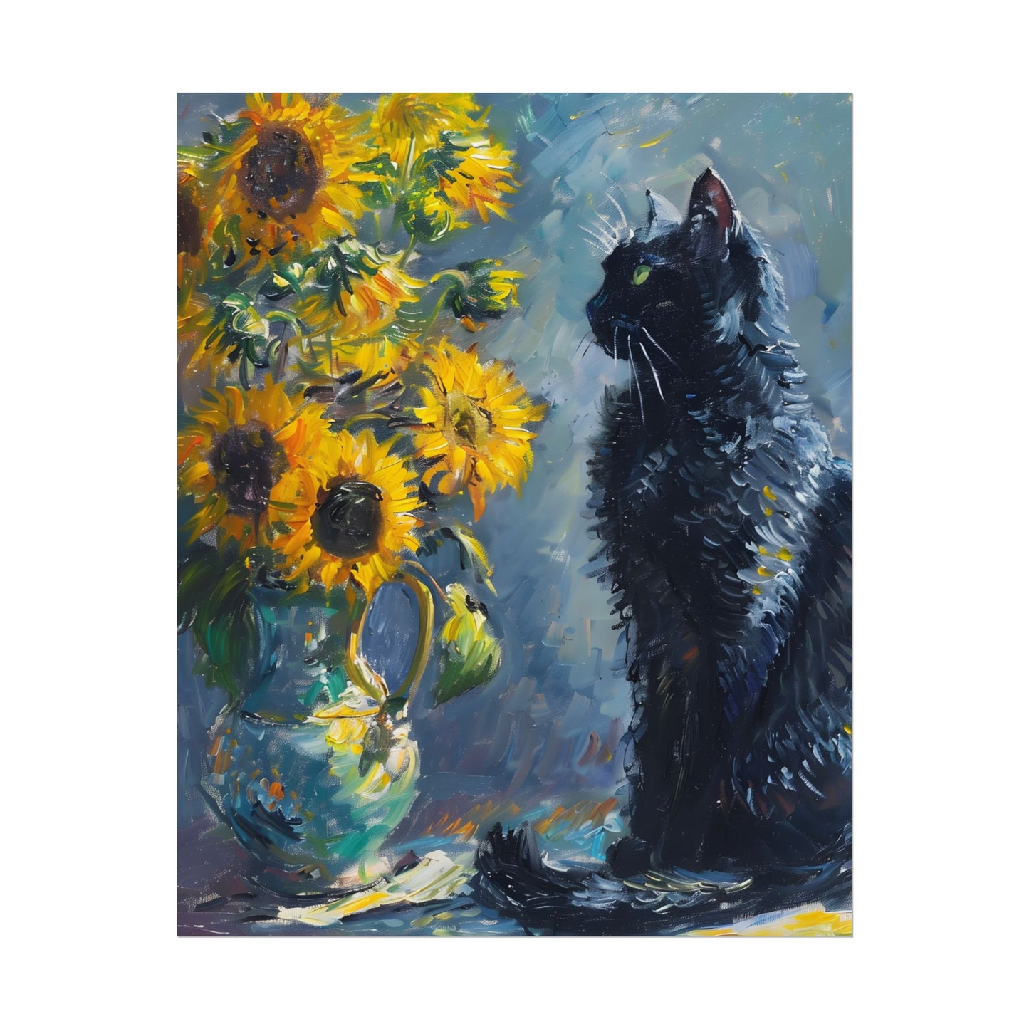 Whimsical Black Cat by Sunflowers: Serene Garden Art - Poster