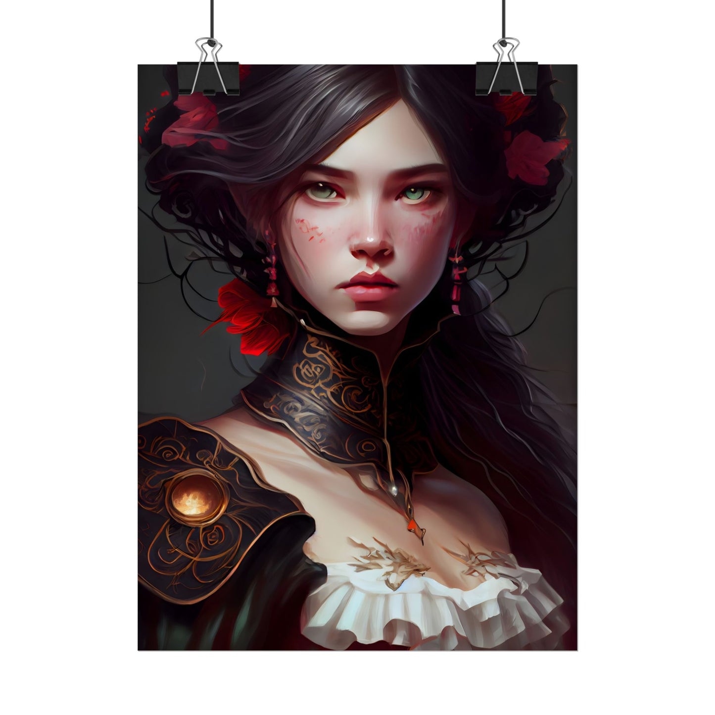 Elegant Black Hair Portrait in White Dress - Poster