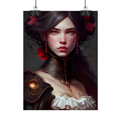 Elegant Black Hair Portrait in White Dress - Poster
