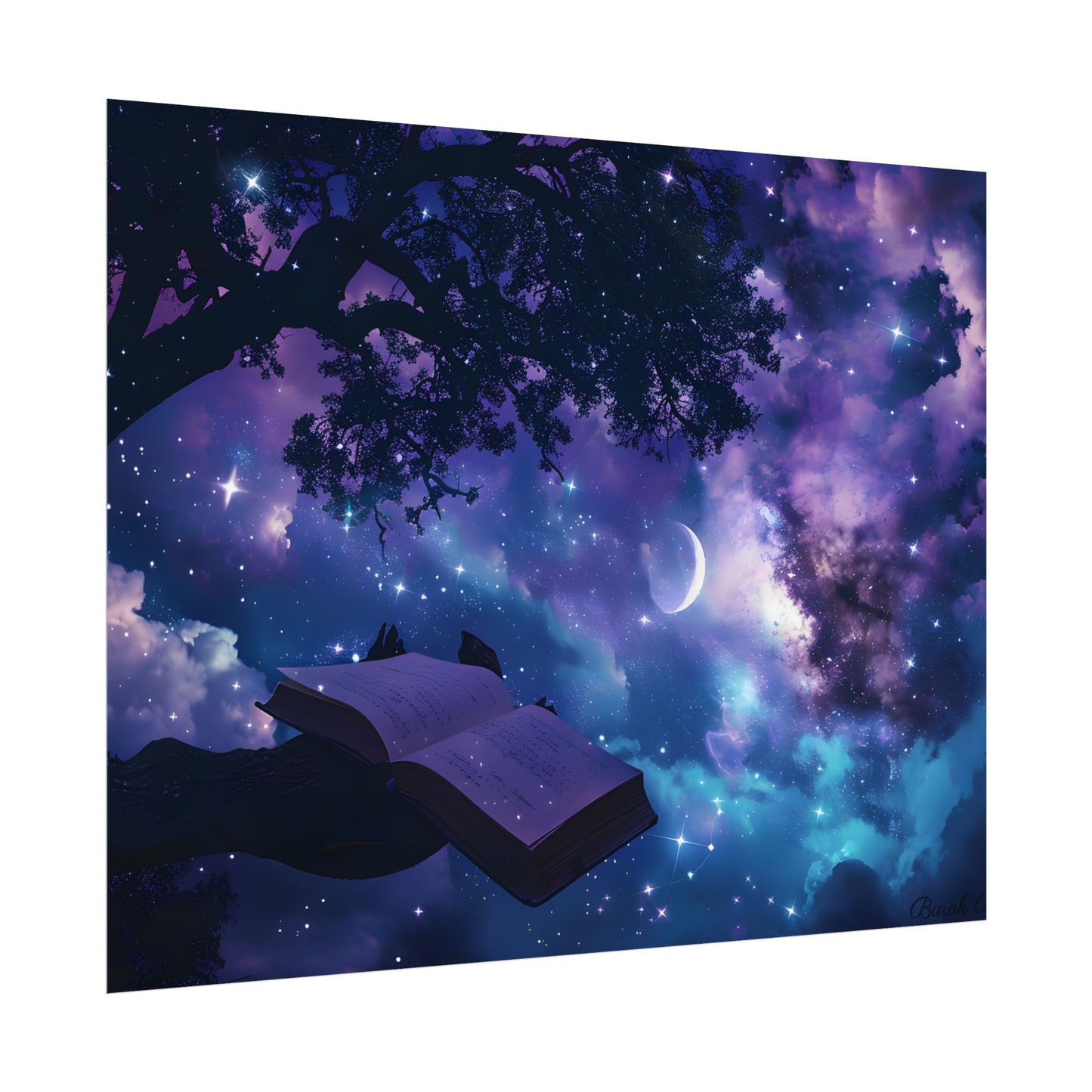 Mystical Night Sky: Celestial Dreams with Crescent Moon Art - Poster