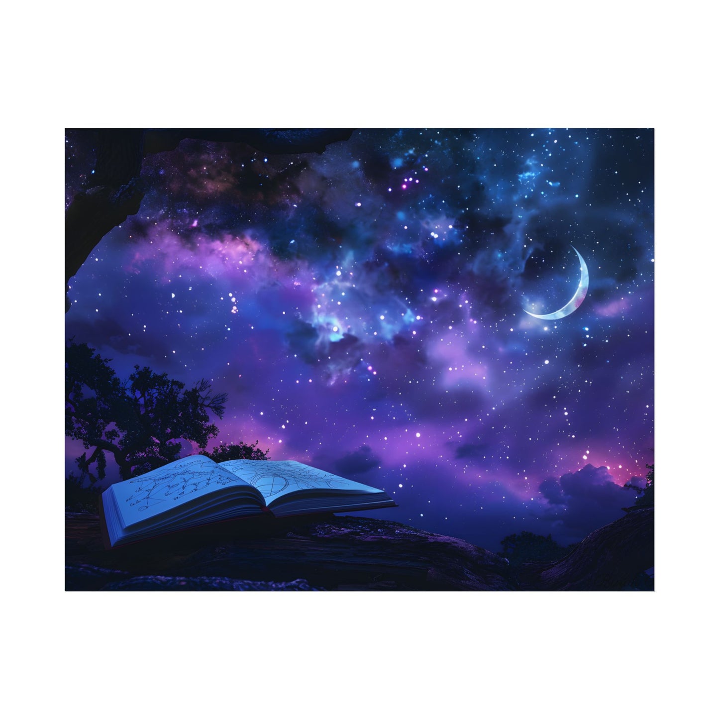 Mystical Night Sky: Stars and Crescent Moon - Poster