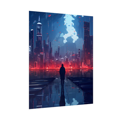 Cyberpunk Night Cityscape: A Melancholic Moment - Poster