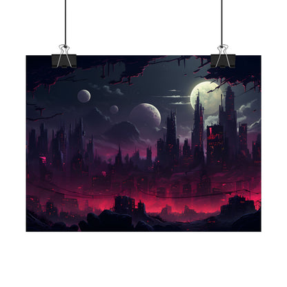 Burning Cyberpunk Cityscape at Night: Digital Art - Poster