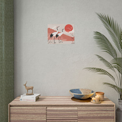 Serene Landscape with Cranes: Peaceful Nature Art - Poster