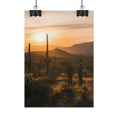 Desert Sunset Serenity: Two Friends Standing Together - Poster