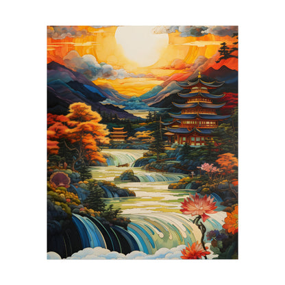 Peaceful Japanese River Landscape with Flowers: Serene Artwork - Poster