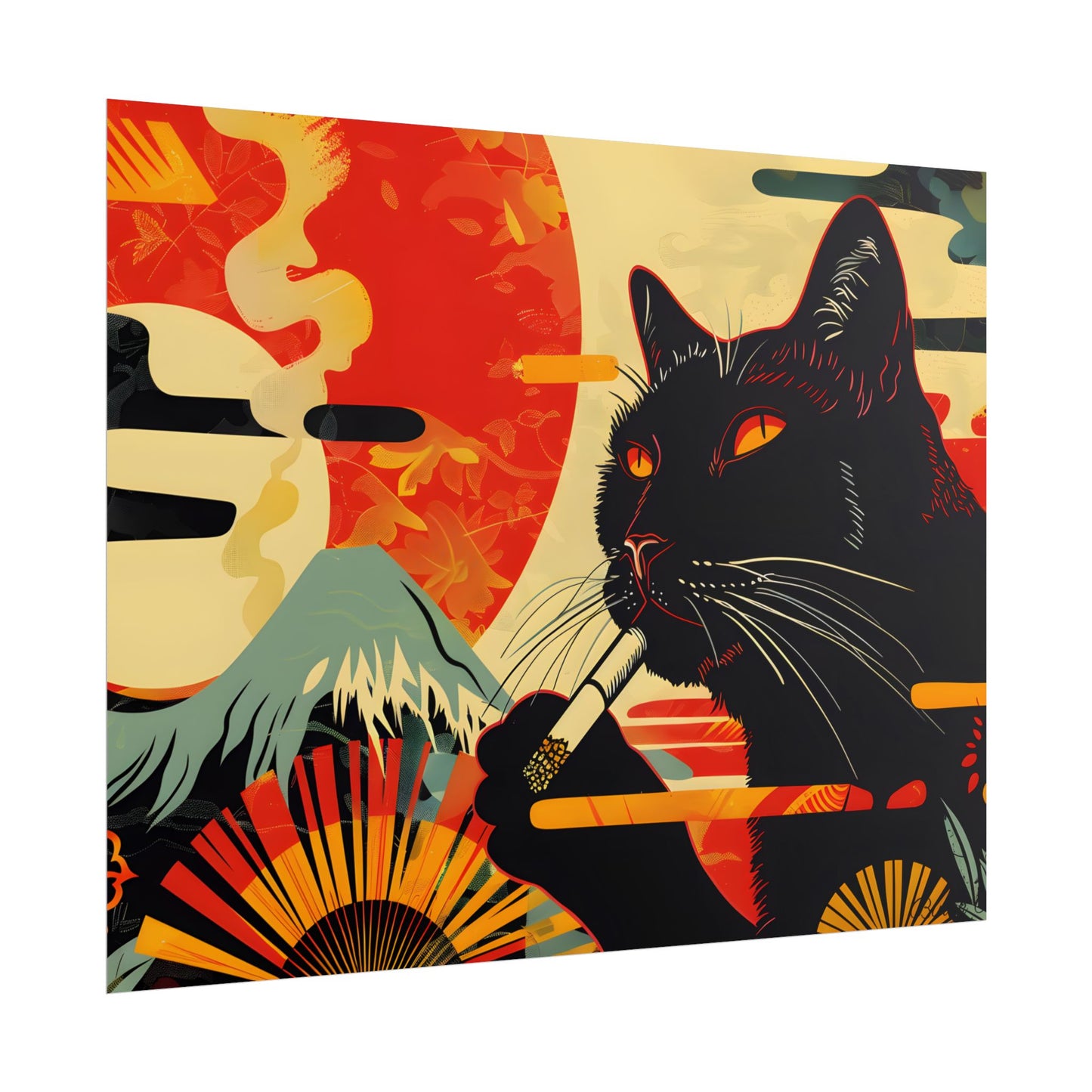 Whimsical Cat Smoking: Red & White Stripe Artwork - Poster