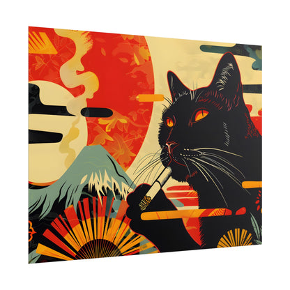 Whimsical Cat Smoking: Red & White Stripe Artwork - Poster