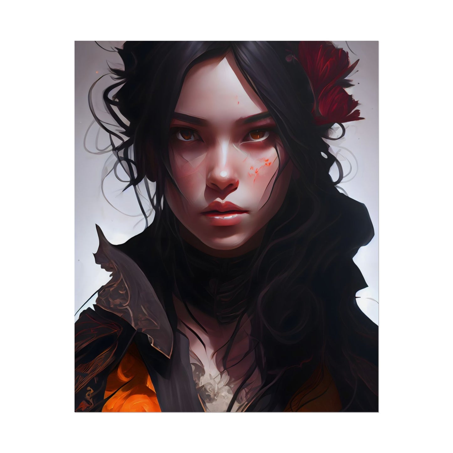 Black Hair Female Portrait: Elegant Dress Artwork - Poster