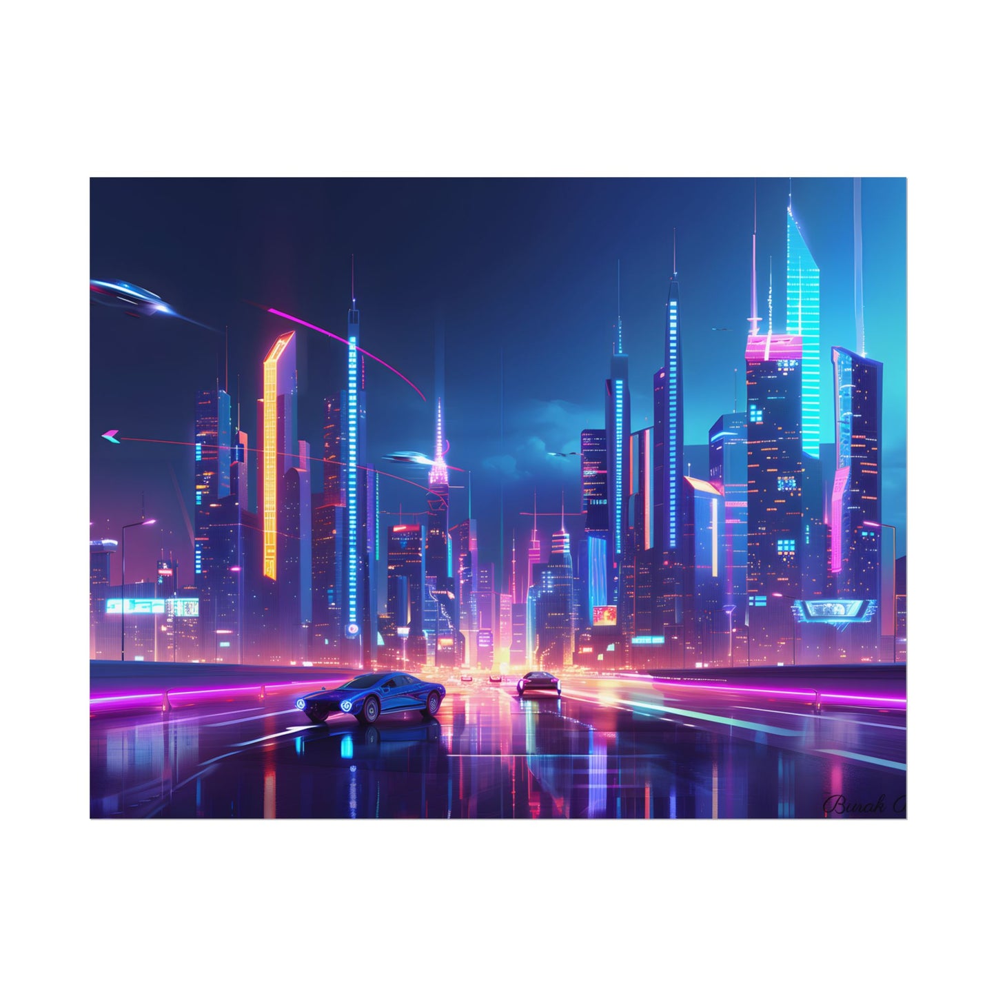 Futuristic City Glow: Neon Lights Digital Art - Poster