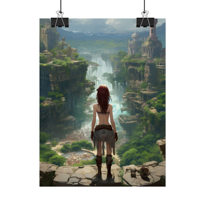 Dramatic Birds Eye View: Red Haired Anime Girl in Urban Landscape - Poster