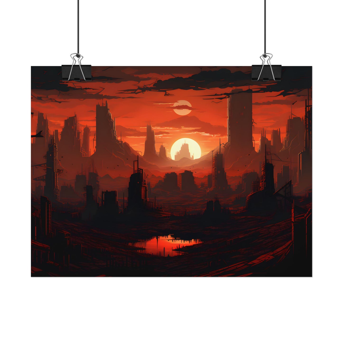 Cyberpunk Nighttime Cityscape: Burning City Digital Art - Poster