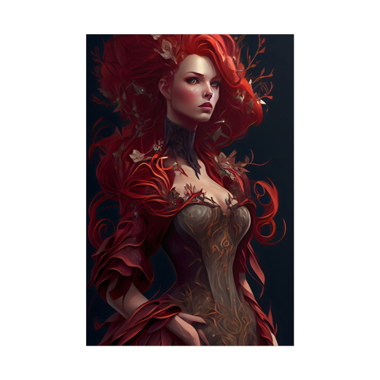 Red Hair Portrait: Elegant Female in Black Dress - Poster