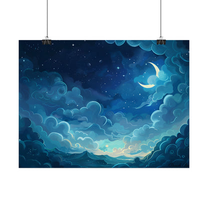 Whimsical Dreamy Night Sky: Bird in Flight Digital Art - Poster
