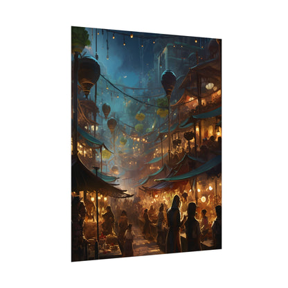 Enchanting Night Street Food Market: Colorful Artwork - Poster