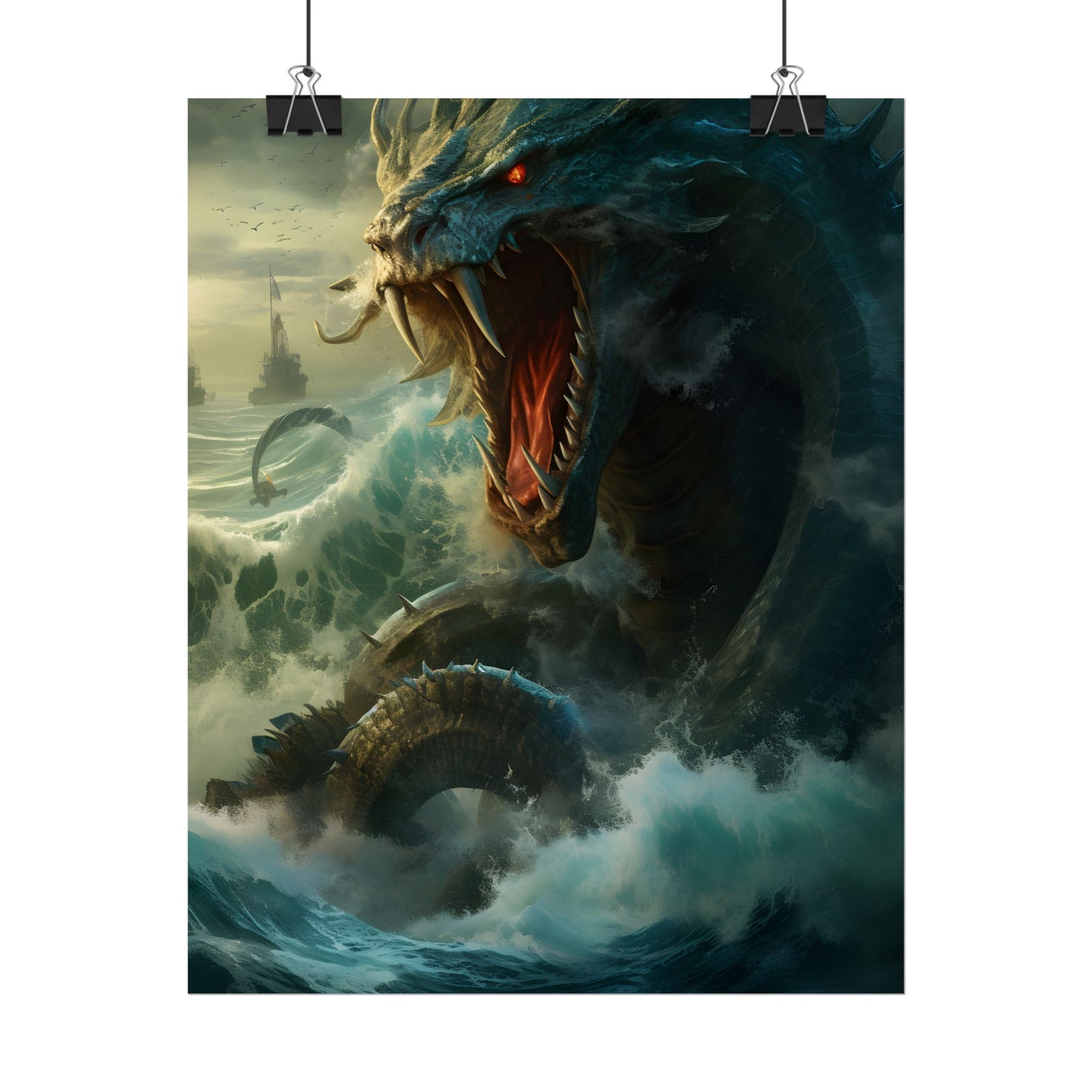 Mythical Sea Monster: Calming Green Scaled Creature Art - Poster
