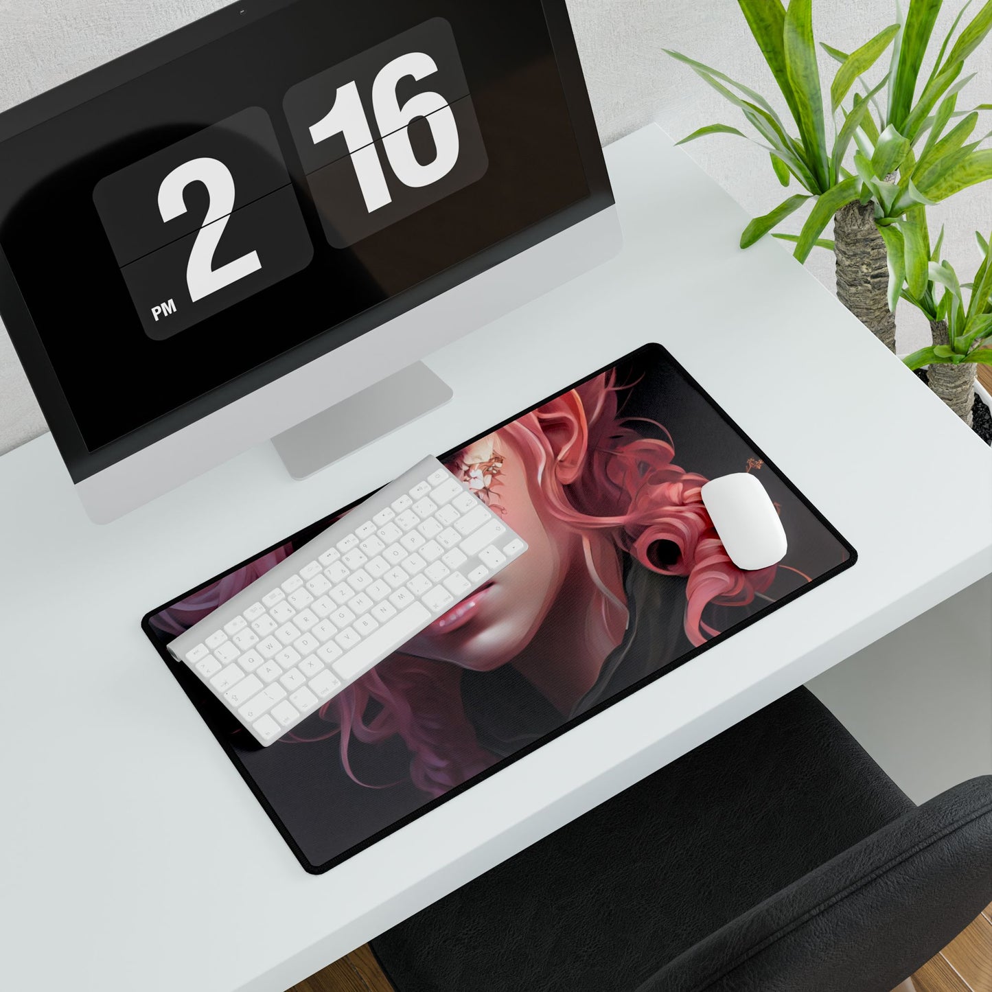 Astonishing Female Portrait: Vibrant Pink Hair in Dark Elegance - Desk Mat