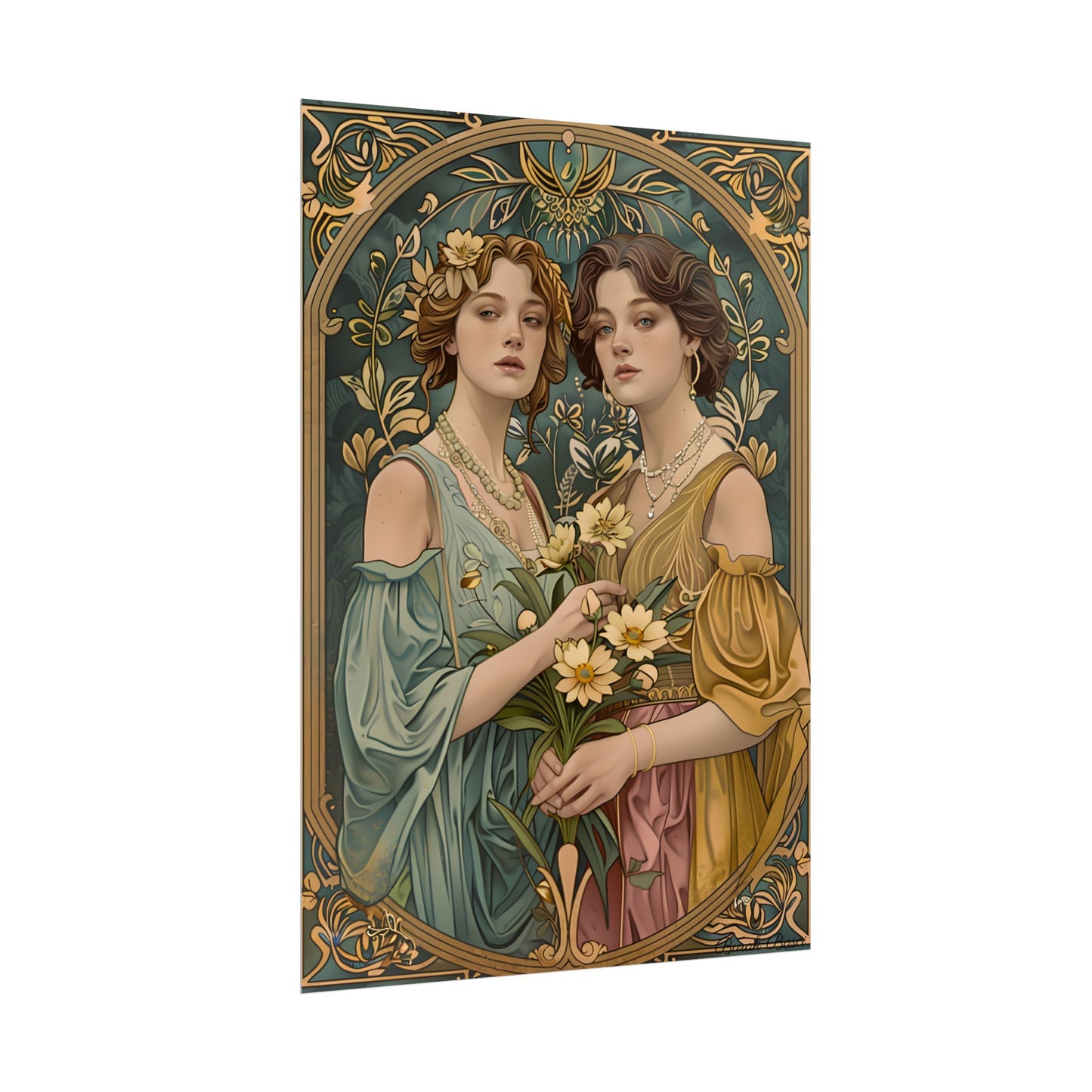 Two Women in Ornate Attire Holding Primr: Traditional Turkish Artwork - Poster
