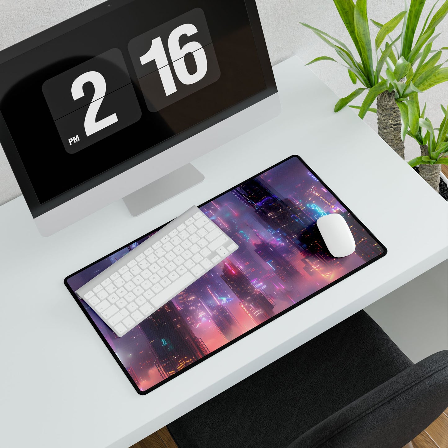 Neon Futuristic Cityscape: Graphic Modern Art - Desk Mat