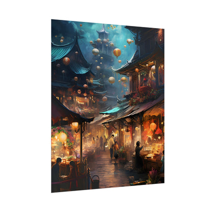 Enchanted Street Food Market: Vibrant Evening Artwork - Poster