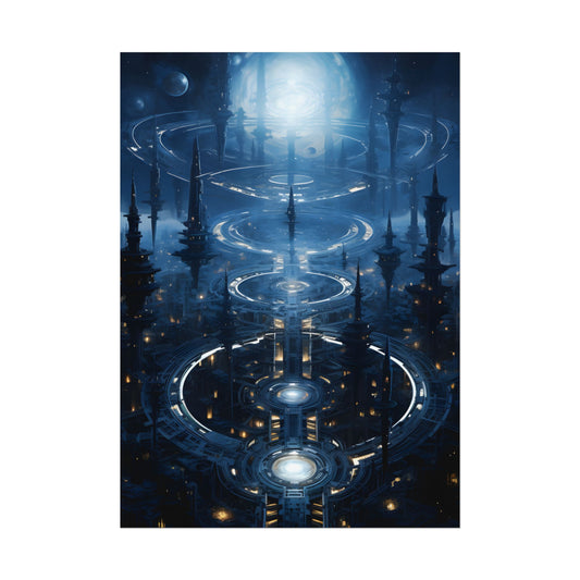 Aetherial Space Station: Galactic Hub in Vibrant Blue Nebula - Poster