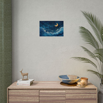 Surreal Night Sky Dreamscape: Whimsical Stars and Clouds Art - Poster