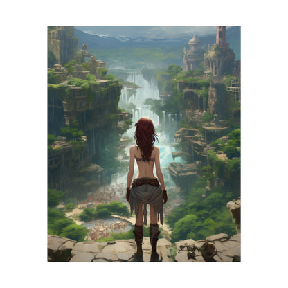 Dramatic Birds Eye View: Red Haired Anime Girl in Urban Landscape - Poster