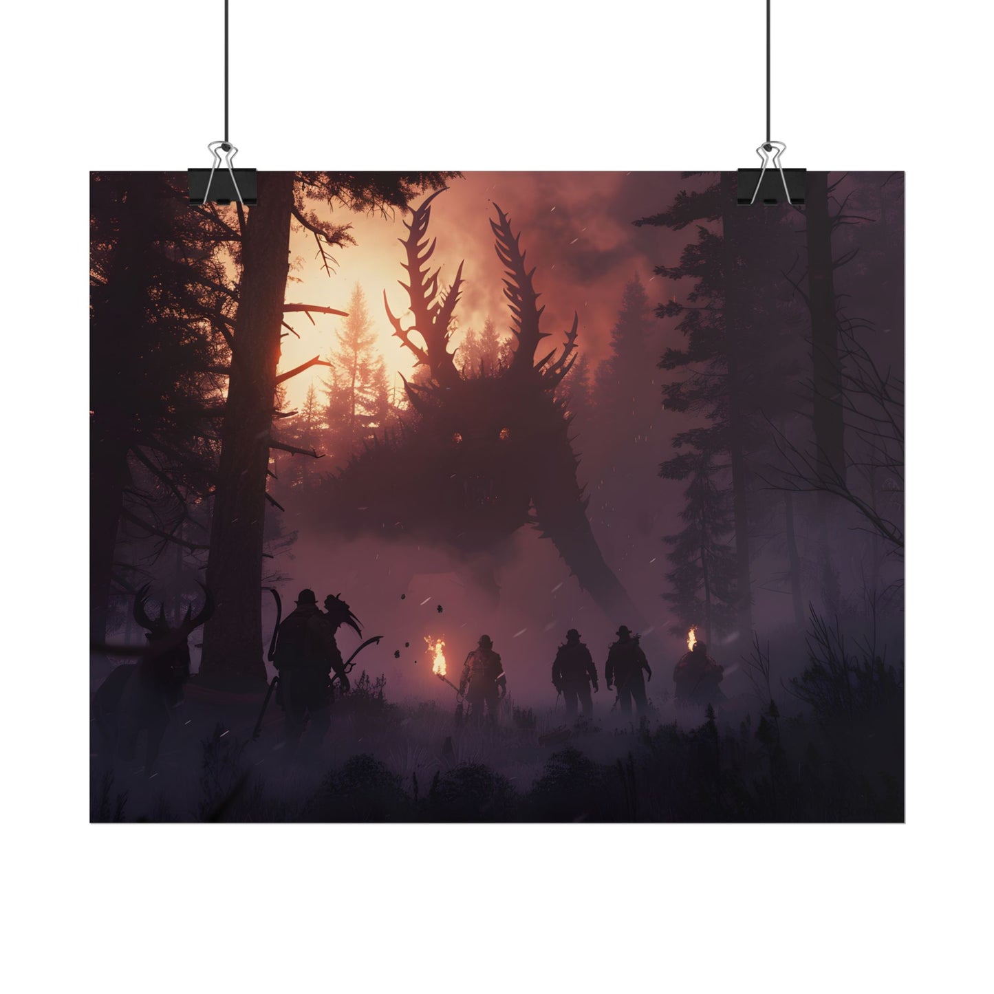 Serene Forest Sunset: Group Walking Through Misty Landscape - Poster