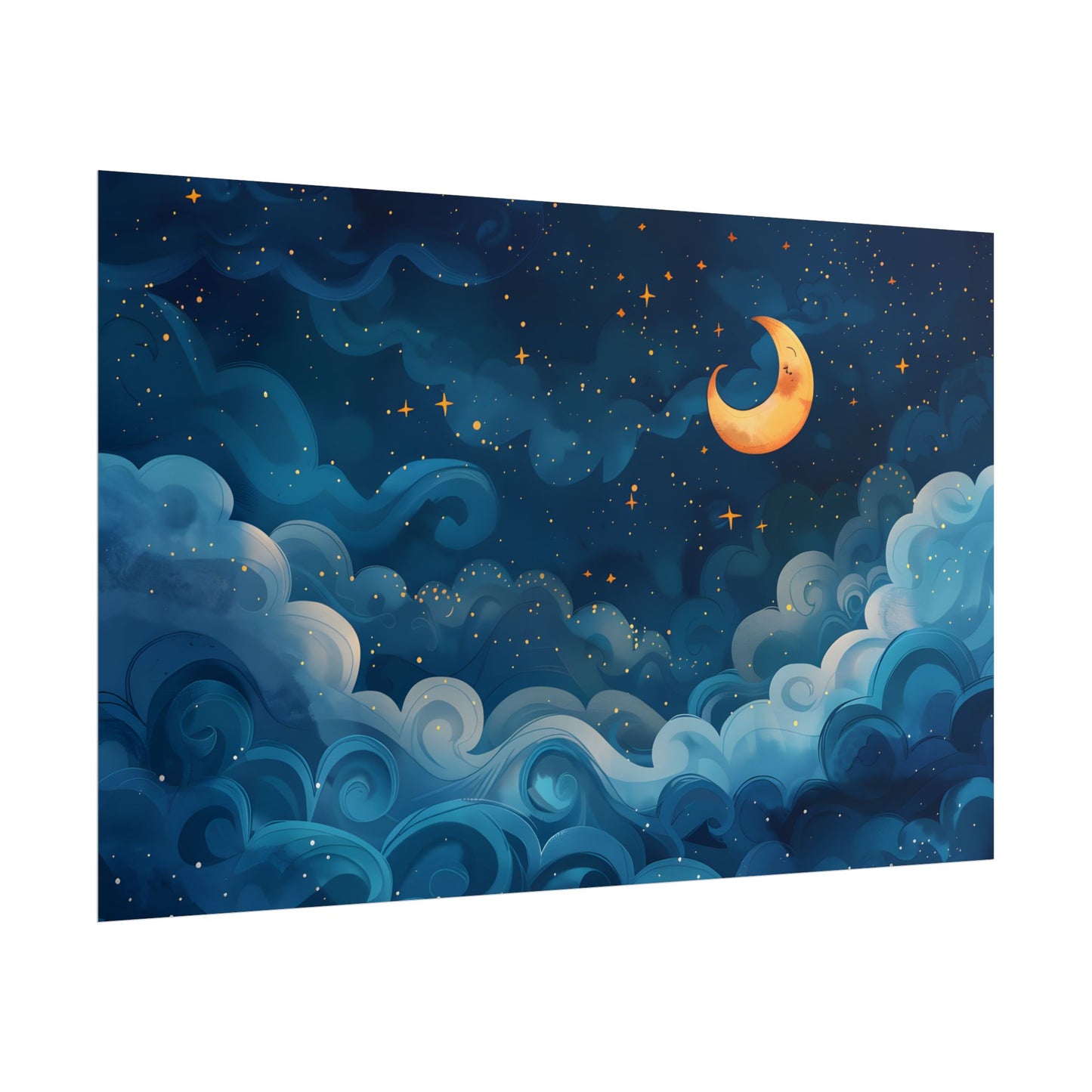 Surreal Night Sky Dreamscape: Whimsical Stars and Clouds Art - Poster
