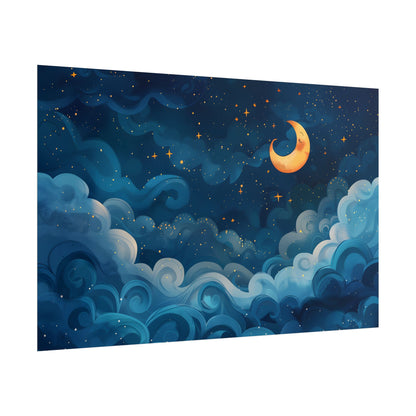 Surreal Night Sky Dreamscape: Whimsical Stars and Clouds Art - Poster