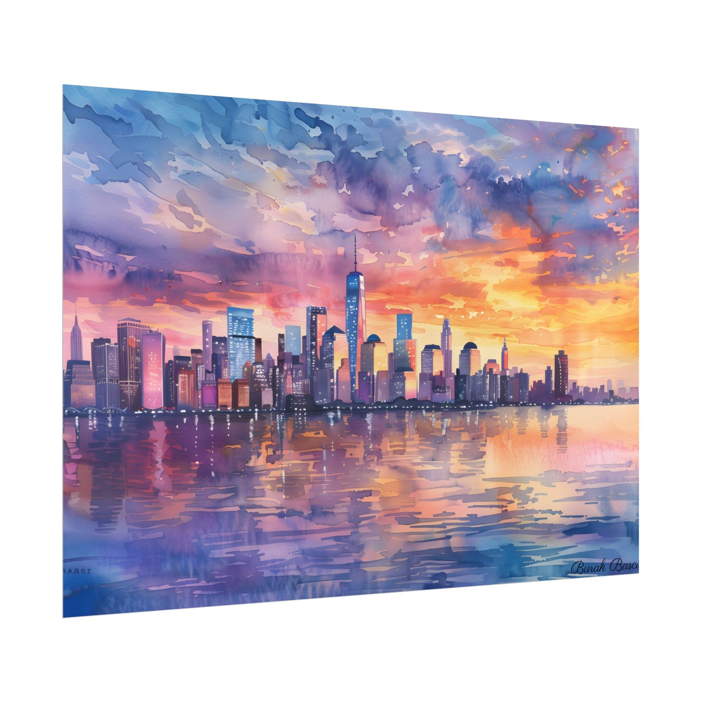 Serene NYC Sunset: Watercolor Skyline Reflections - Poster