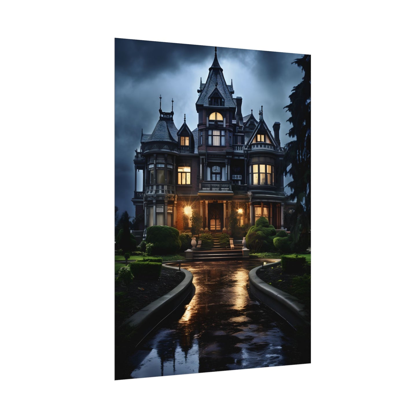 Haunted Victorian Mansion: Spooky Stormy Night Art - Poster