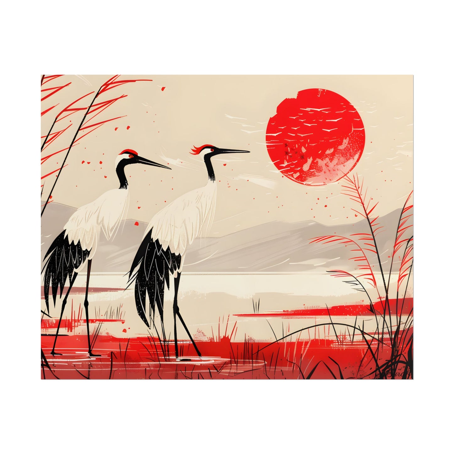Peaceful Cranes in Serene Nature: Landscape Artwork - Poster