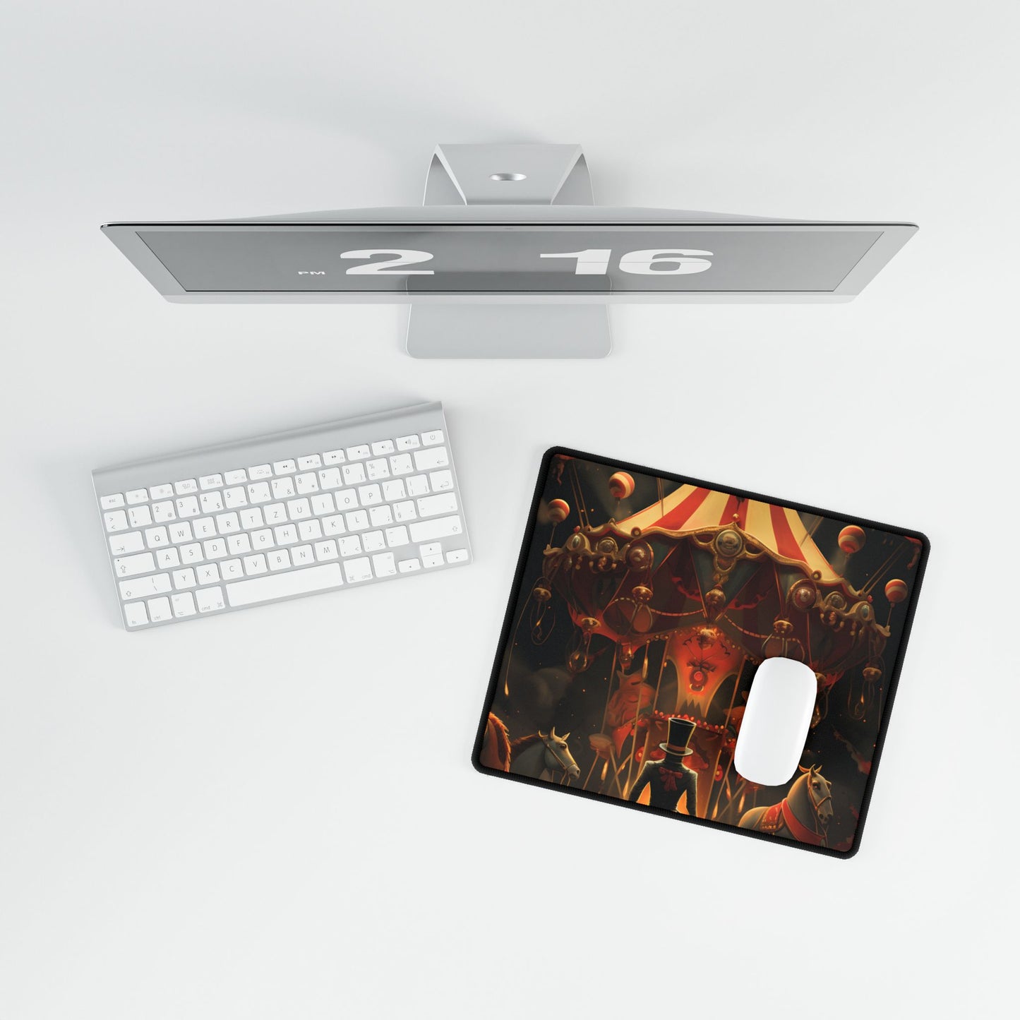 Whimsical Clockwork Circus Under Night Sky: Magical Art - Desk Mat