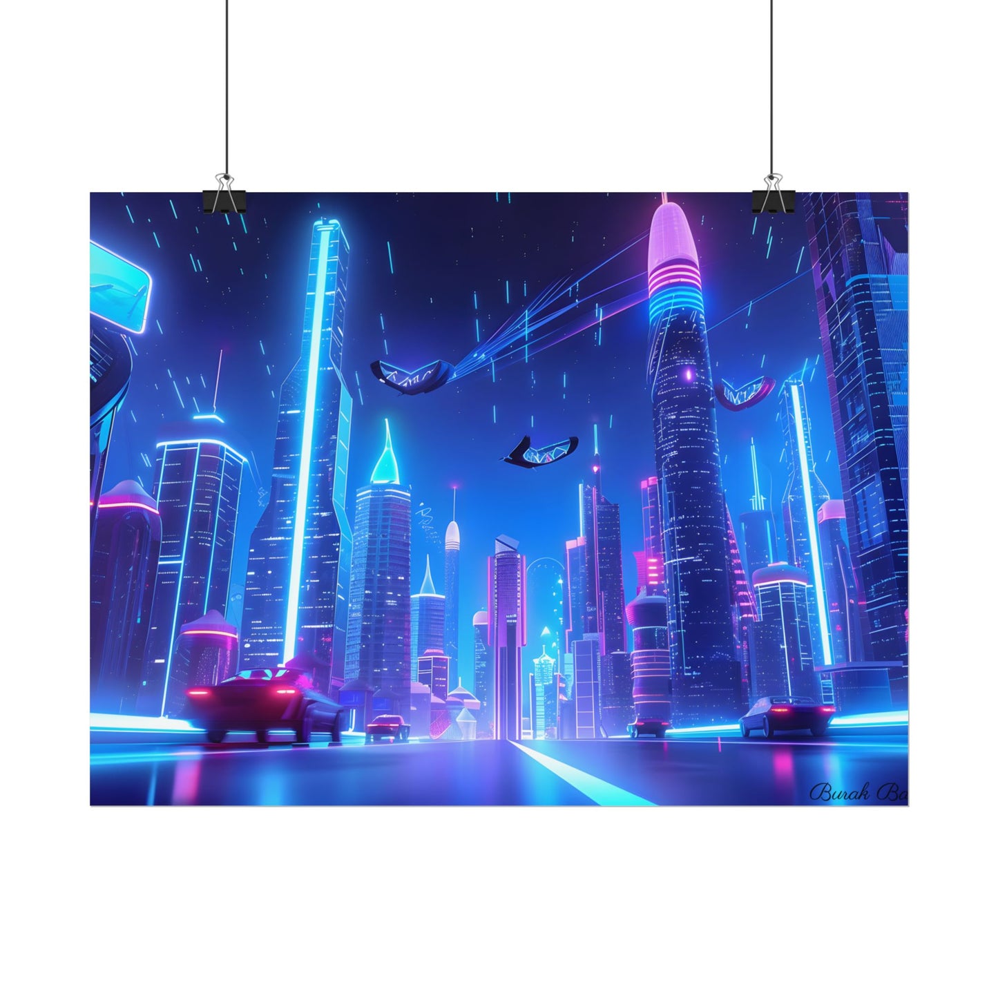 Vibrant Futuristic Cityscape: Neon Lights at Night Digital Artwork - Poster