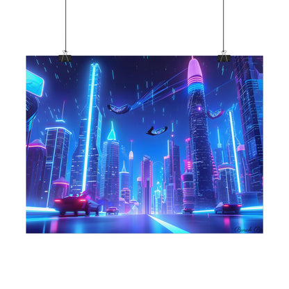 Vibrant Futuristic Cityscape: Neon Lights at Night Digital Artwork - Poster