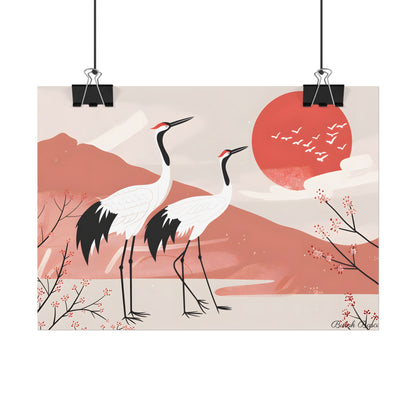 Serene Landscape with Cranes: Peaceful Nature Art - Poster