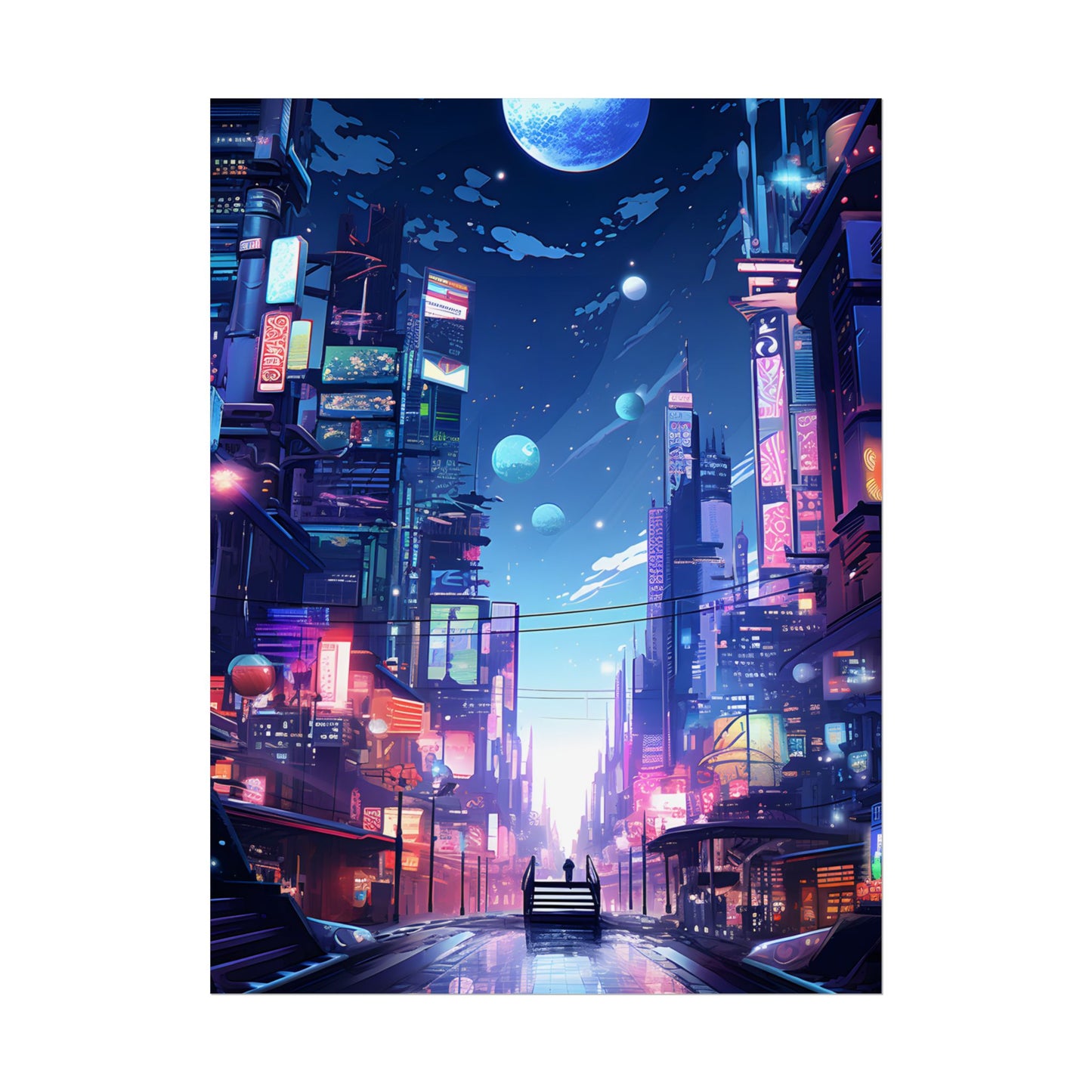 Melancholic Night in Cyberpunk City: Urban Landscape Art - Poster