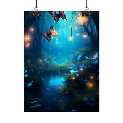 Moonlit Night Forest: Glowing Foggy Fantasy Bokeh Art - Poster