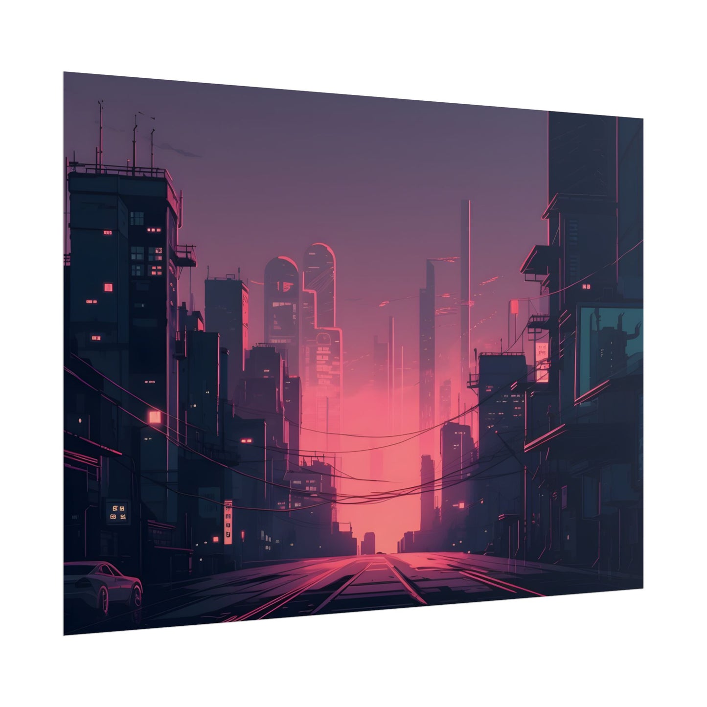 Cyberpunk Nighttime Cityscape: Melancholic Mood - Poster