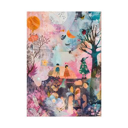 Colorful Whimsy: Blue Fish, Yellow Bird, Pink Cat Art Collage - Poster