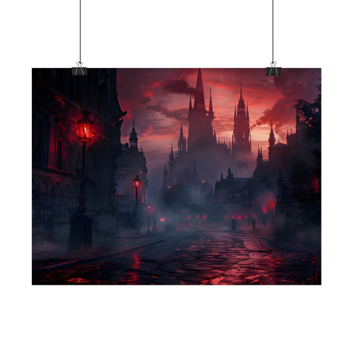 Gothic City Dusk: Pointed Arches and Misty Atmosphere - Poster