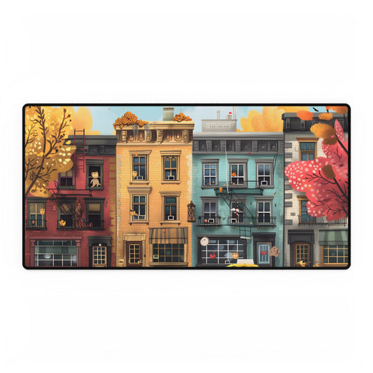 Whimsical Wonder: Playful Yellow Building Illustration - Desk Mat