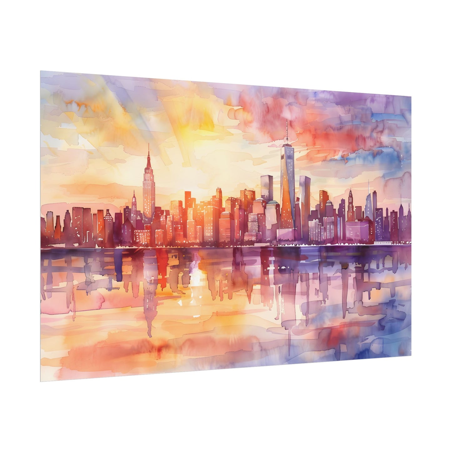 Watercolor Sunset New York City Skyline: Beautiful Artwork - Poster