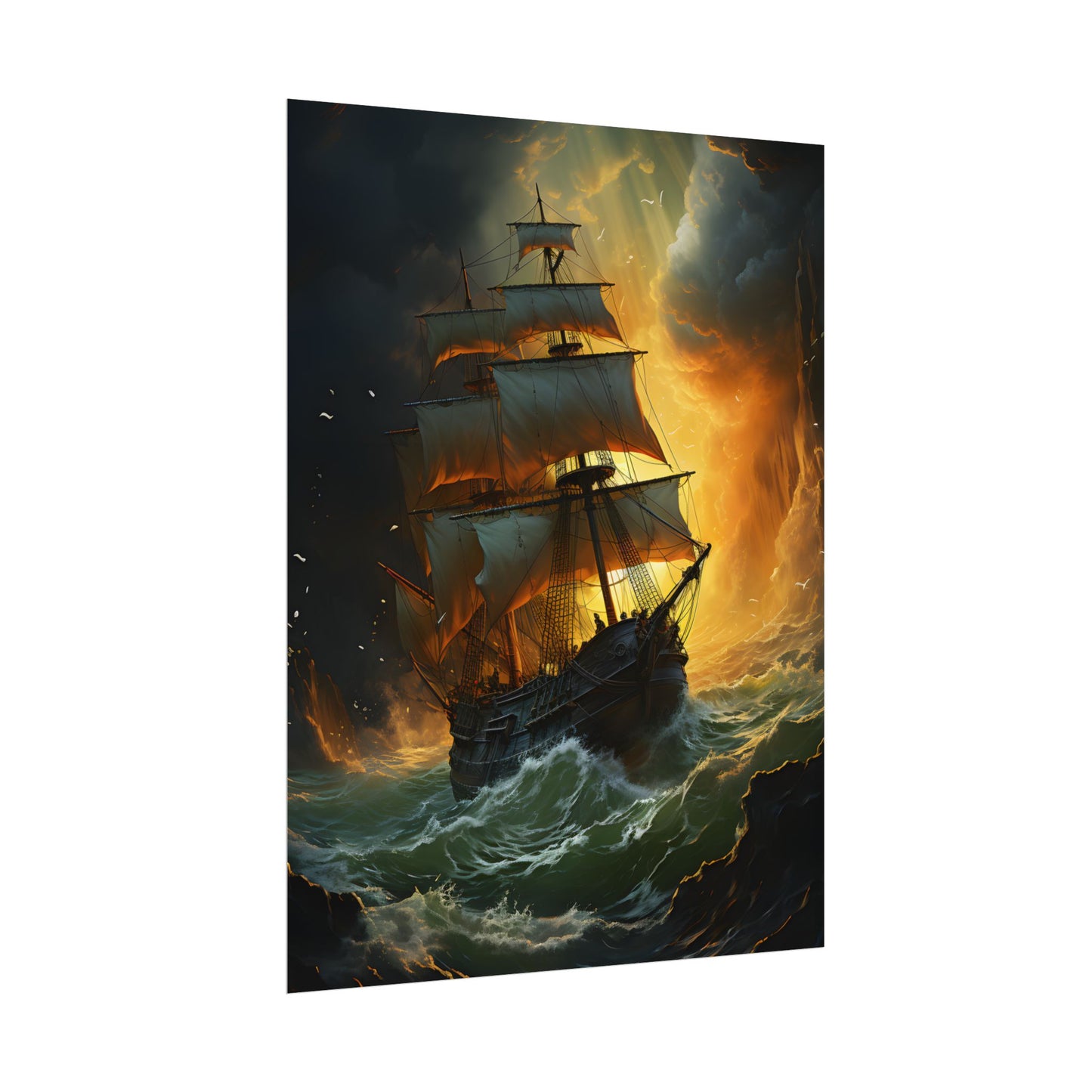 Mostly Green Seascape: Magnificent Oil Painting of a Ship - Poster