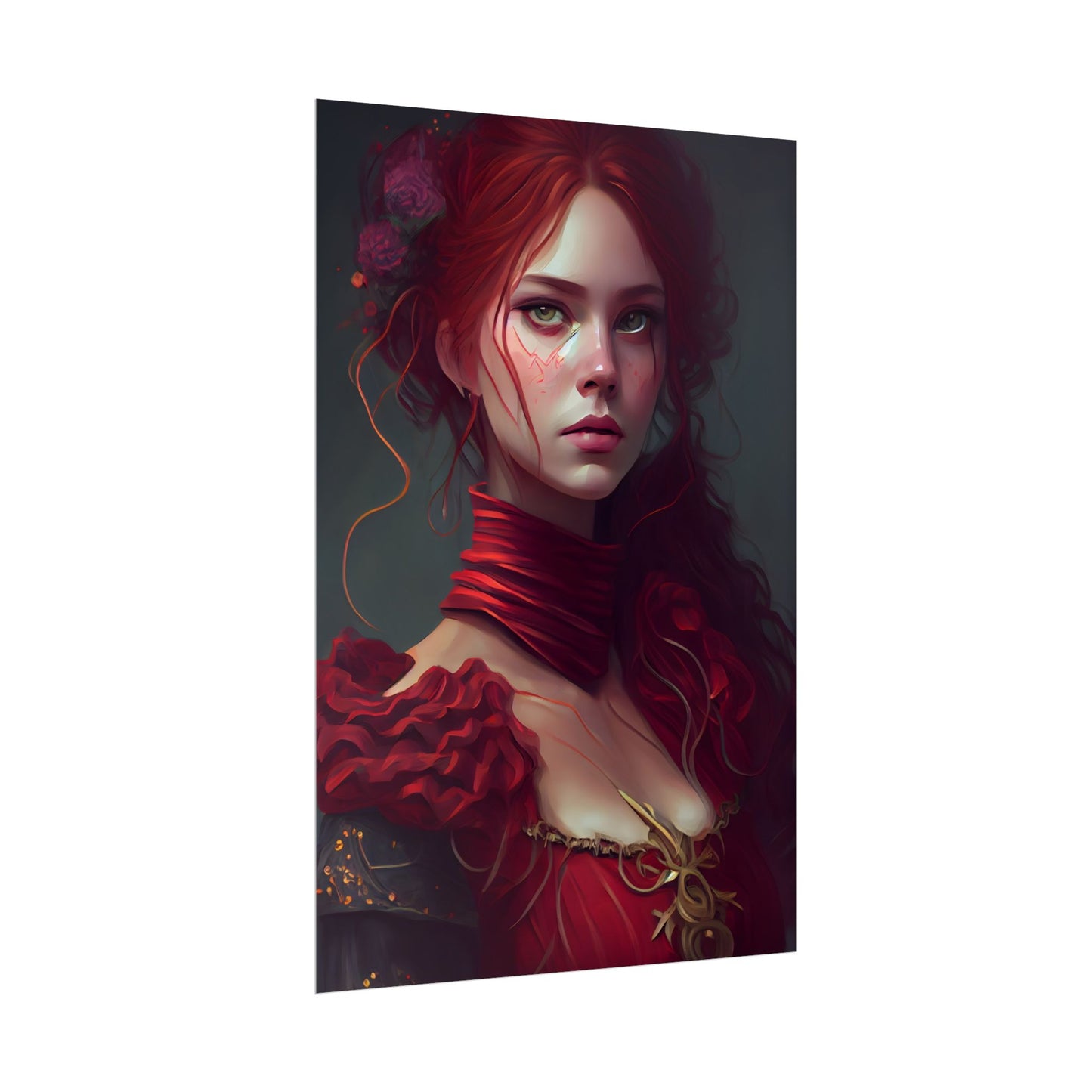 Vibrant Redhead Portrait: Female Artwork in Red Dress - Poster