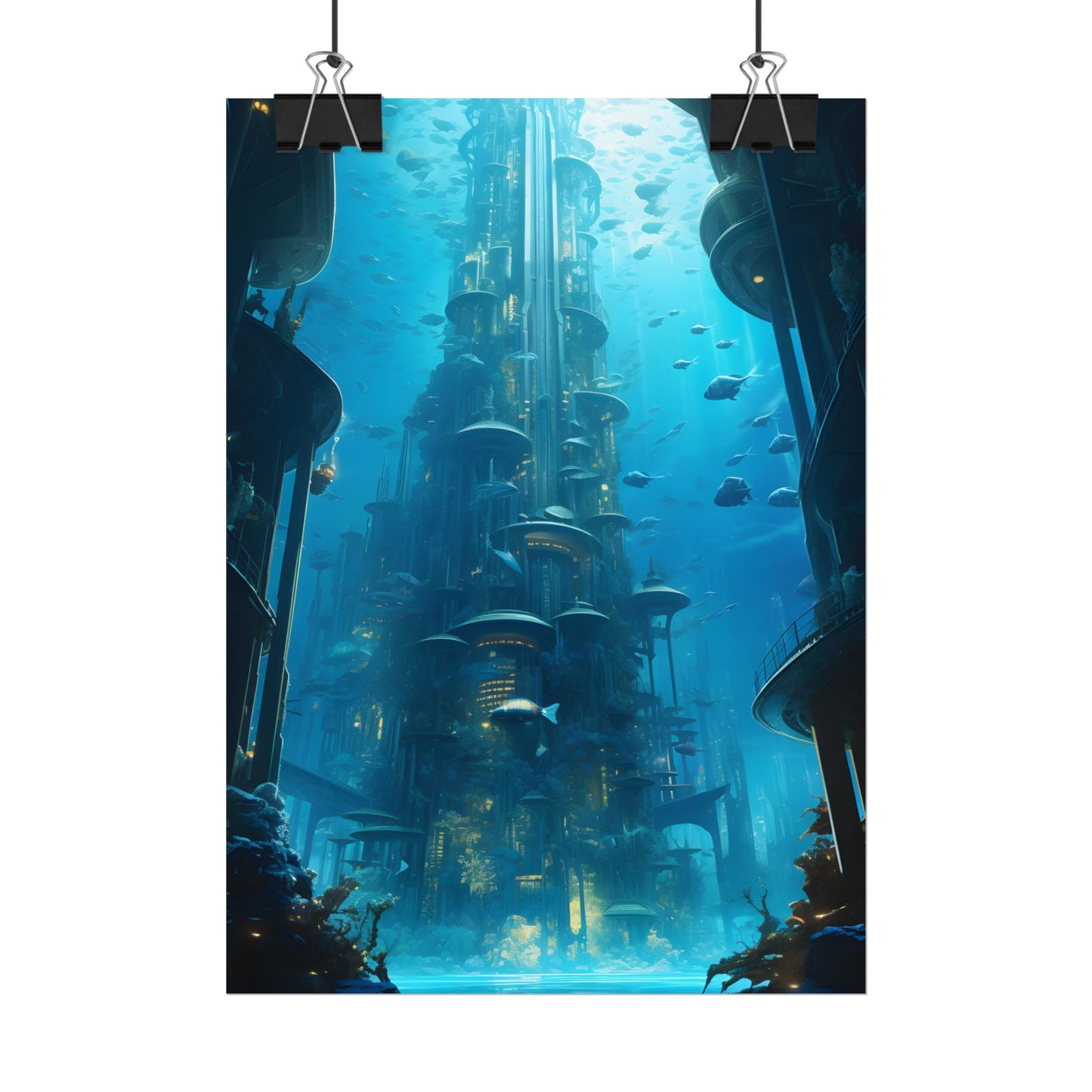 Future Metropolis: Underwater Cityscape Digital Art - Poster